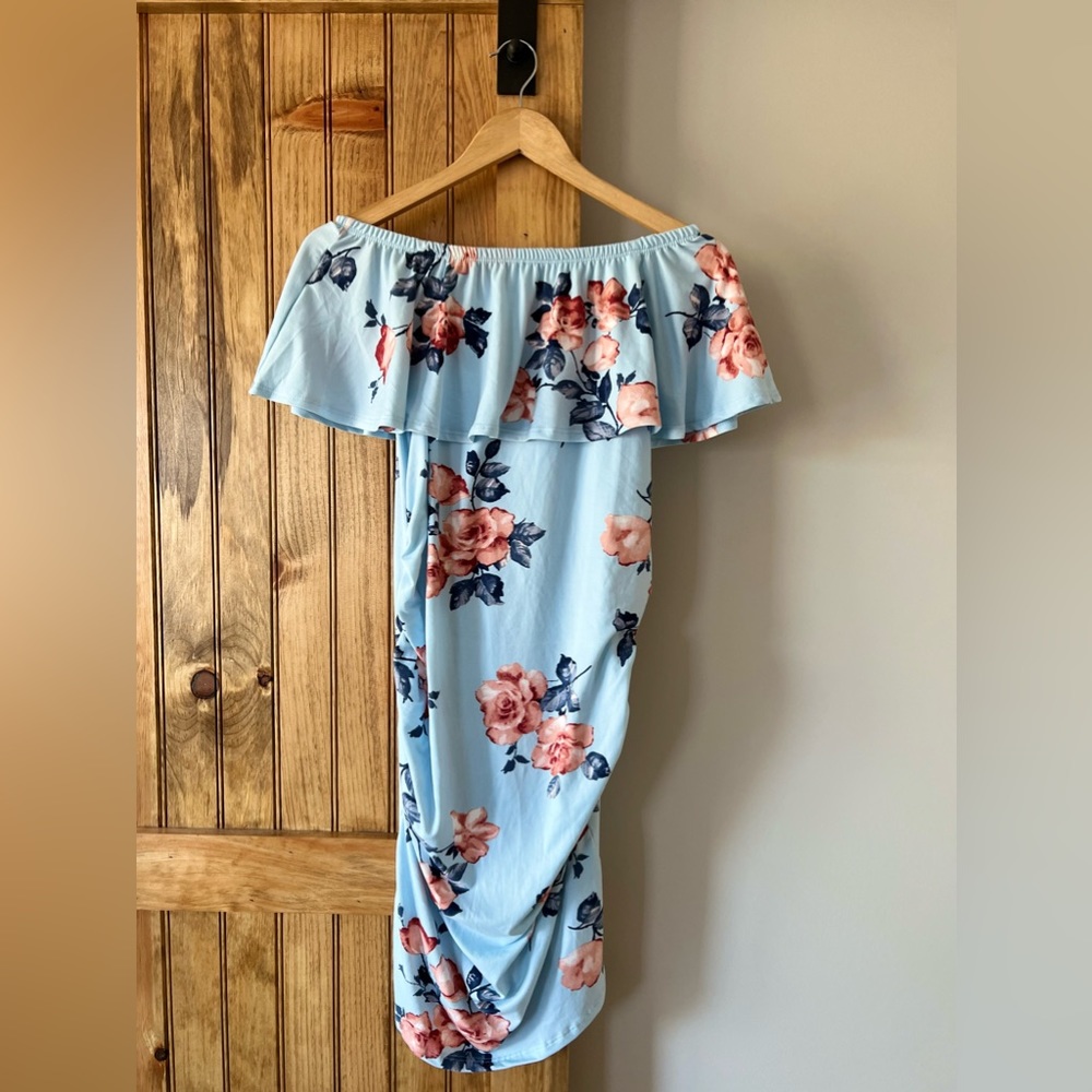 NEW NWT Pinkblush light blue Floral Ruffle Off Shoulder Fitted Maternity Dress